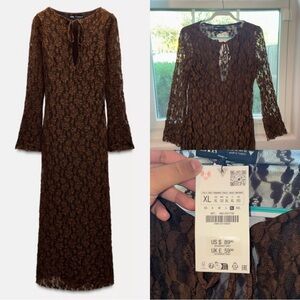 NWT Zara Brown Long Lace Dress with Flared Sleeves - XL
